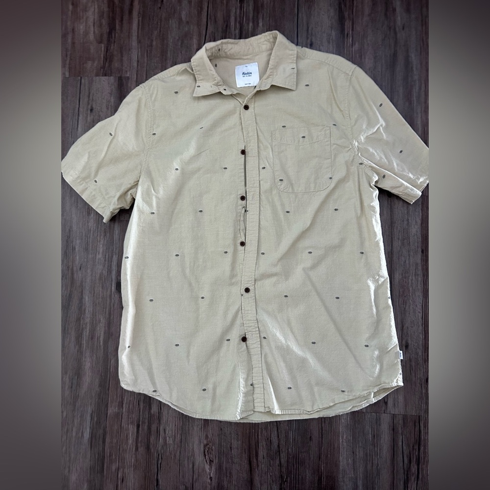 Katin- short sleeve button up beige linen shirt